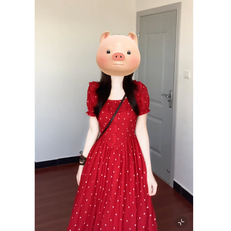 大码【春日来信】法式复古方领气质红色短袖连衣裙夏季新款长裙子仙