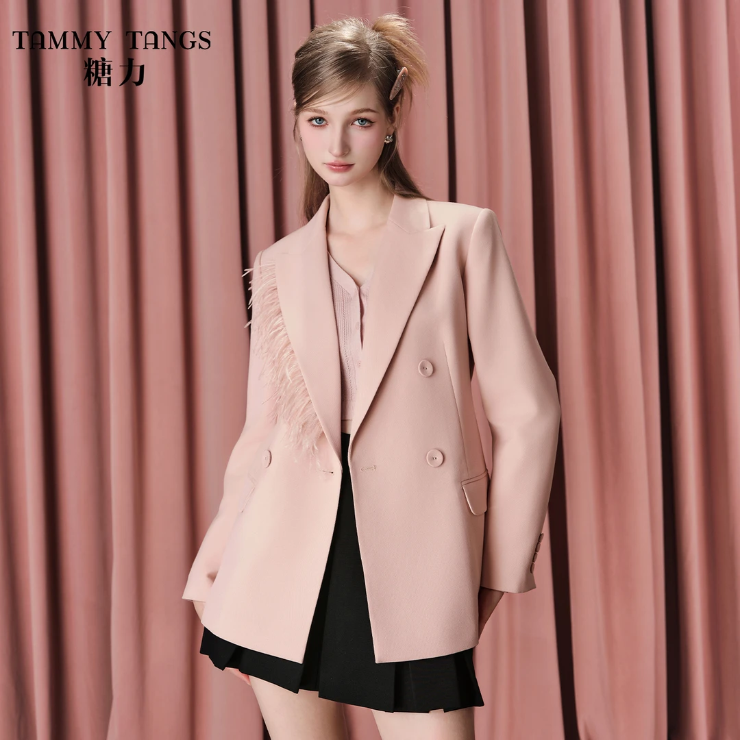 【若谷专属】糖力高级感可拆鸵鸟毛西装外套女TWRQW36670