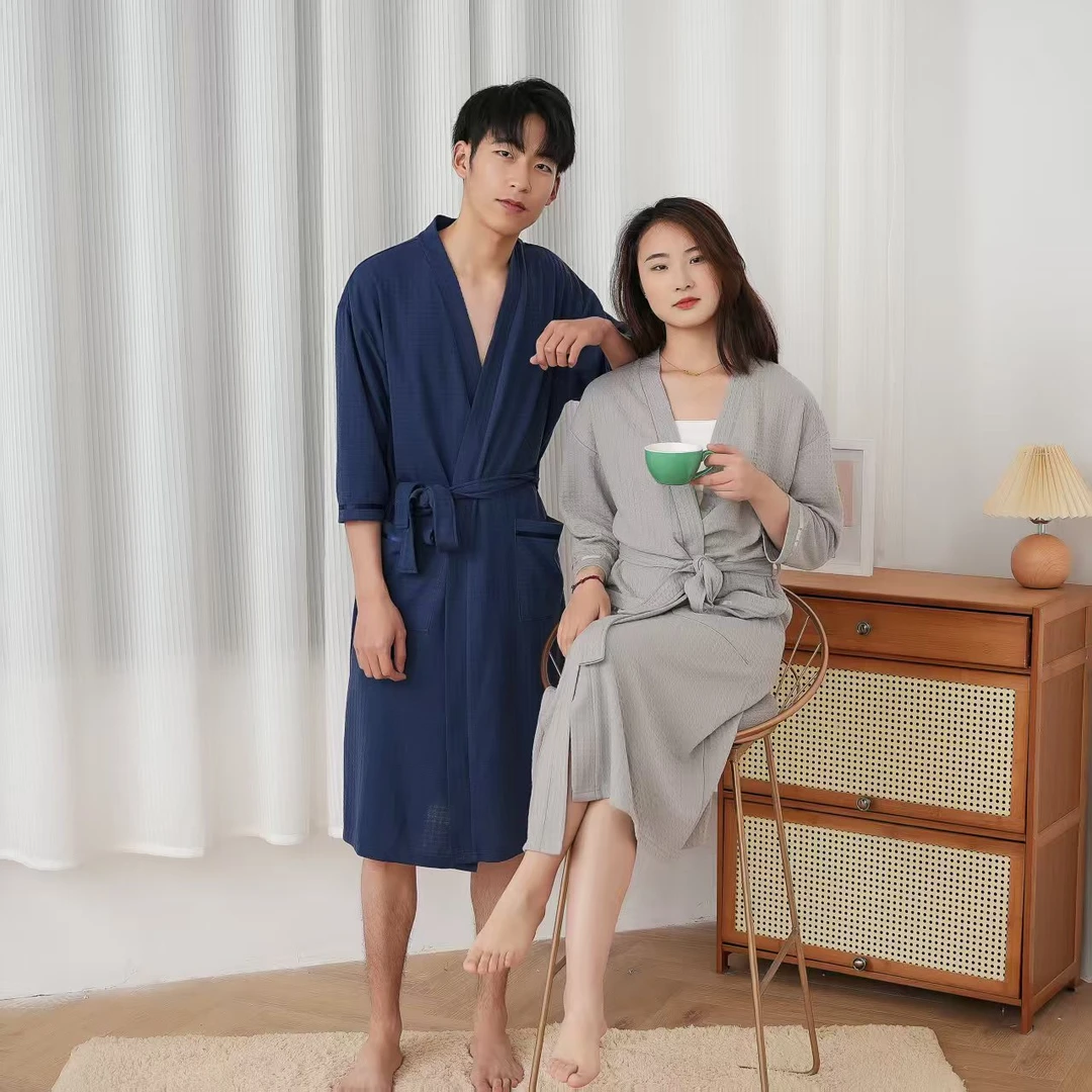 华夫格浴袍睡袍透气薄款居家服舒适法兰绒春夏季柔软亲肤男女同款