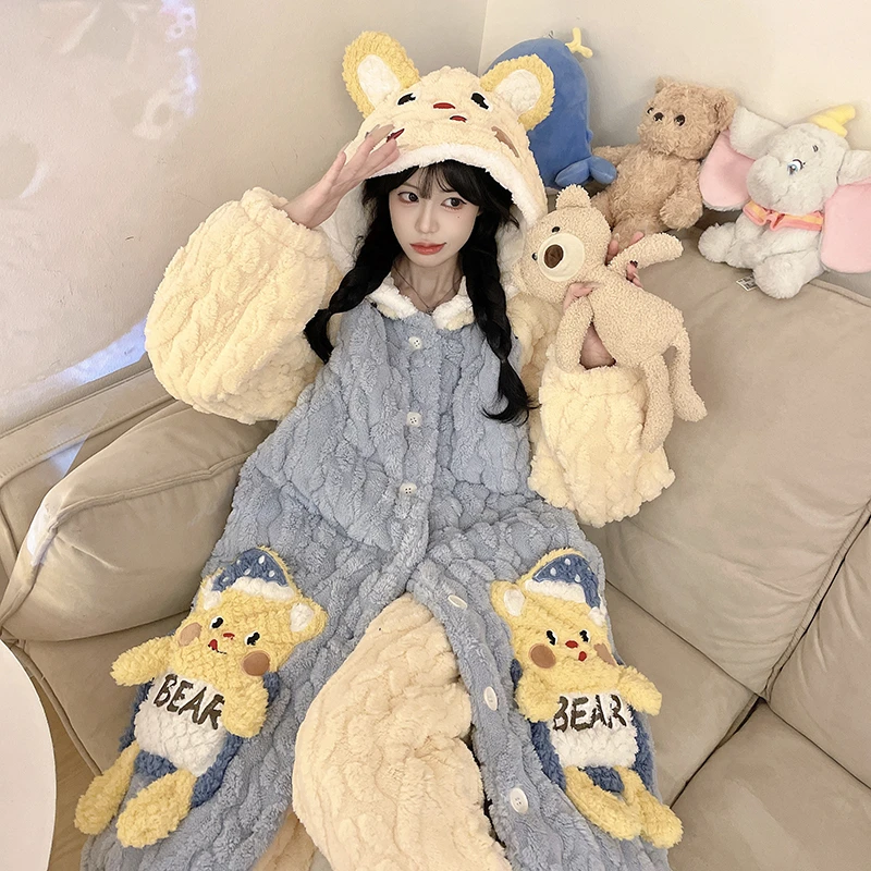 秋冬季爆款睡衣女加绒加厚珊瑚绒卡通毛绒连帽家居服套装可外穿