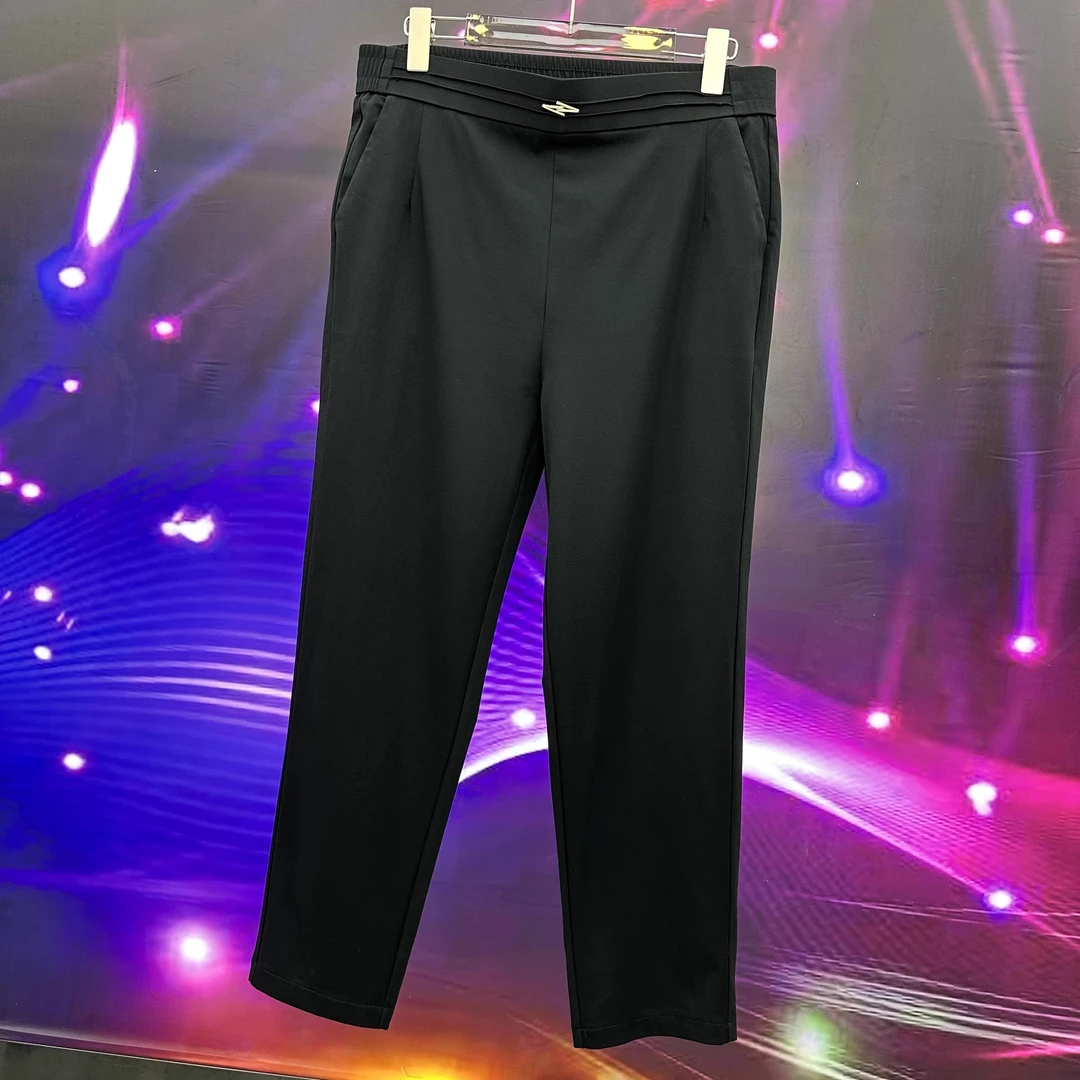 奶奶裤夏季新款显瘦大码松紧腰直筒休闲裤小黑裤1007