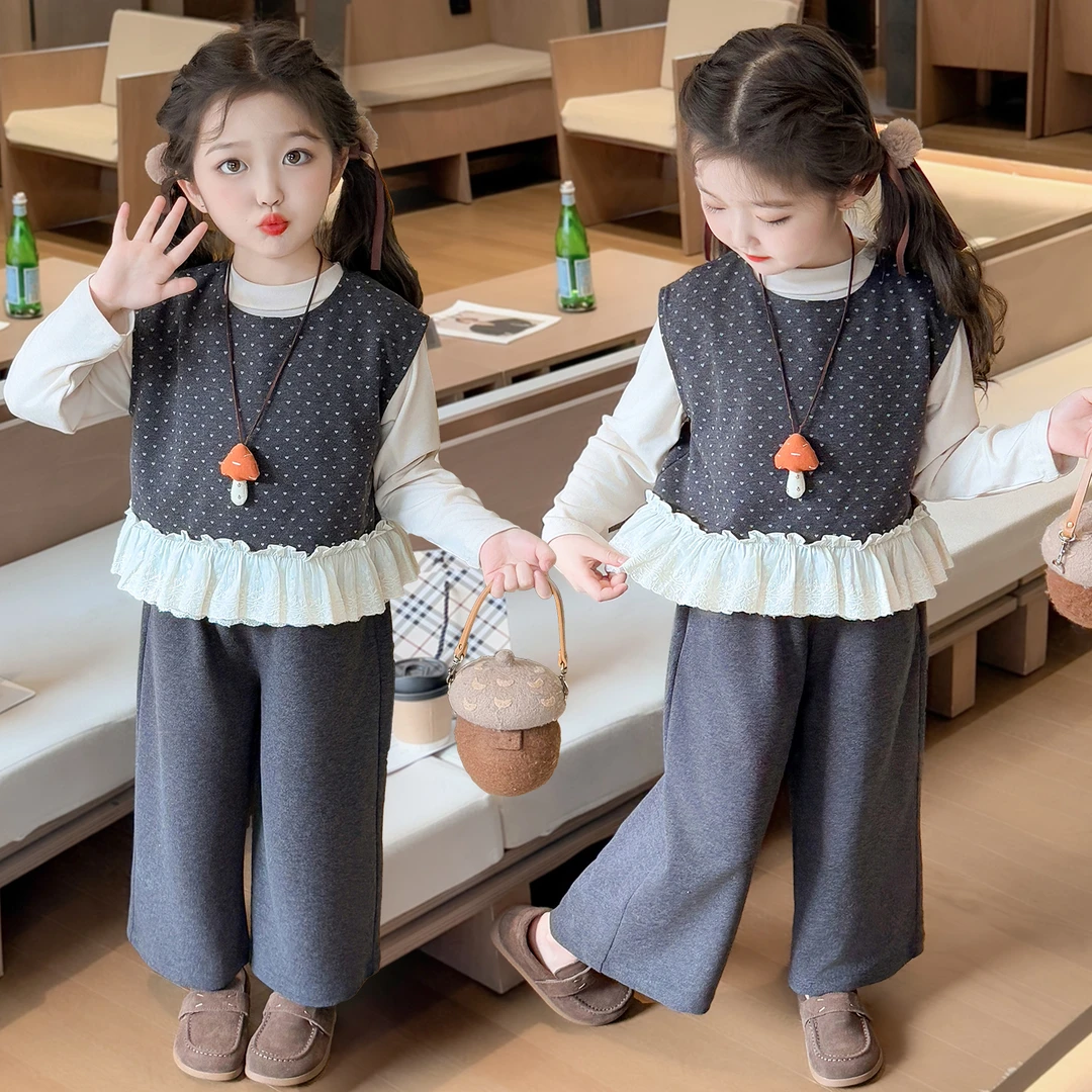 女童洋气韩系春秋季网红阔腿裤套装女宝宝2025新款休闲三件套宽松
