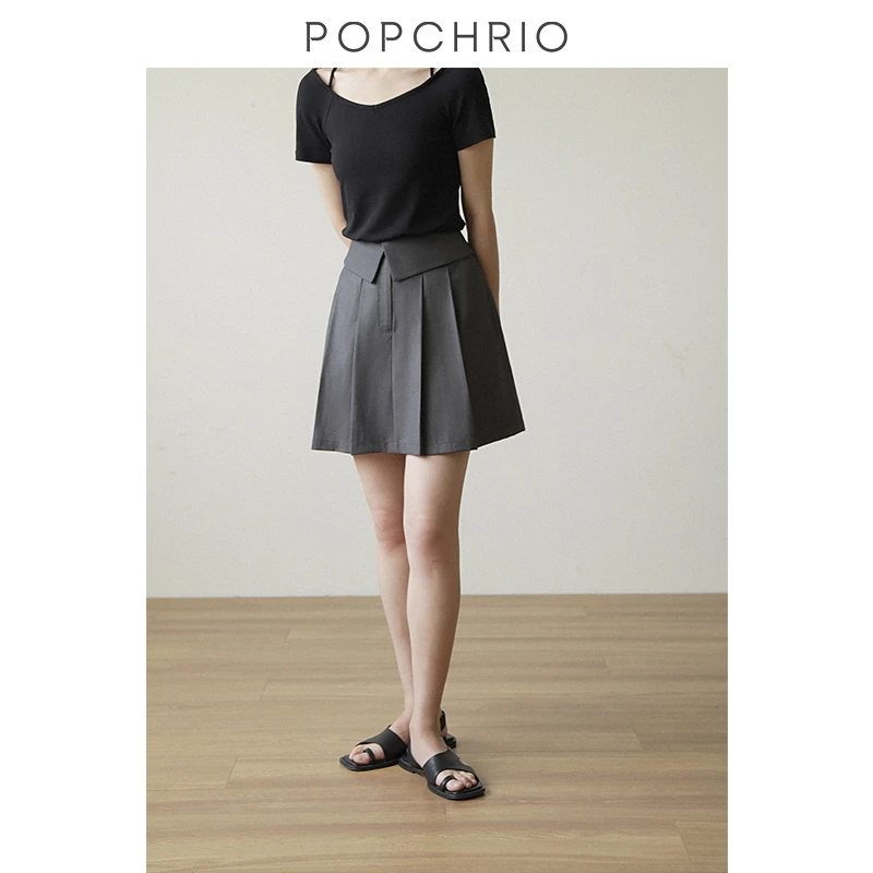 POPCHRIO欧可芮学院风翻折裙小个子显瘦A字裙百褶半身裙JK短裙
