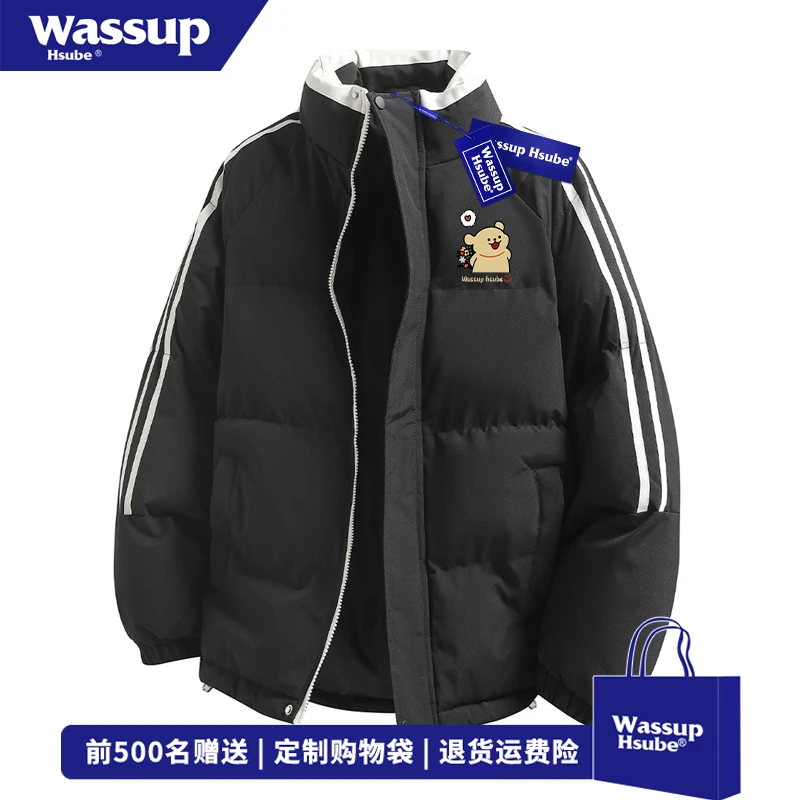 WASSUP HSUBE潮牌情侣三条杠黑色棉服男女冬季趣味小狗印花面包服