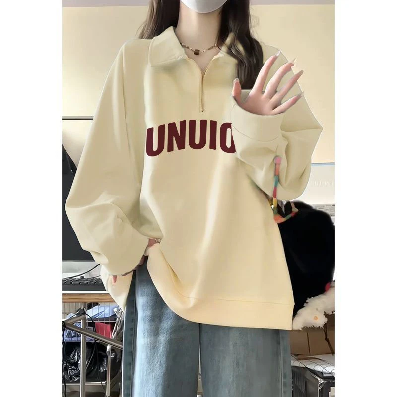 韩系穿搭半拉链polo领卫衣女秋冬季慵懒宽松加绒加厚长袖外套上衣