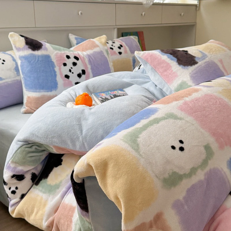 ◎高克重印花牛奶绒三件套/四件套可选加厚保暖床单款床上用品套件