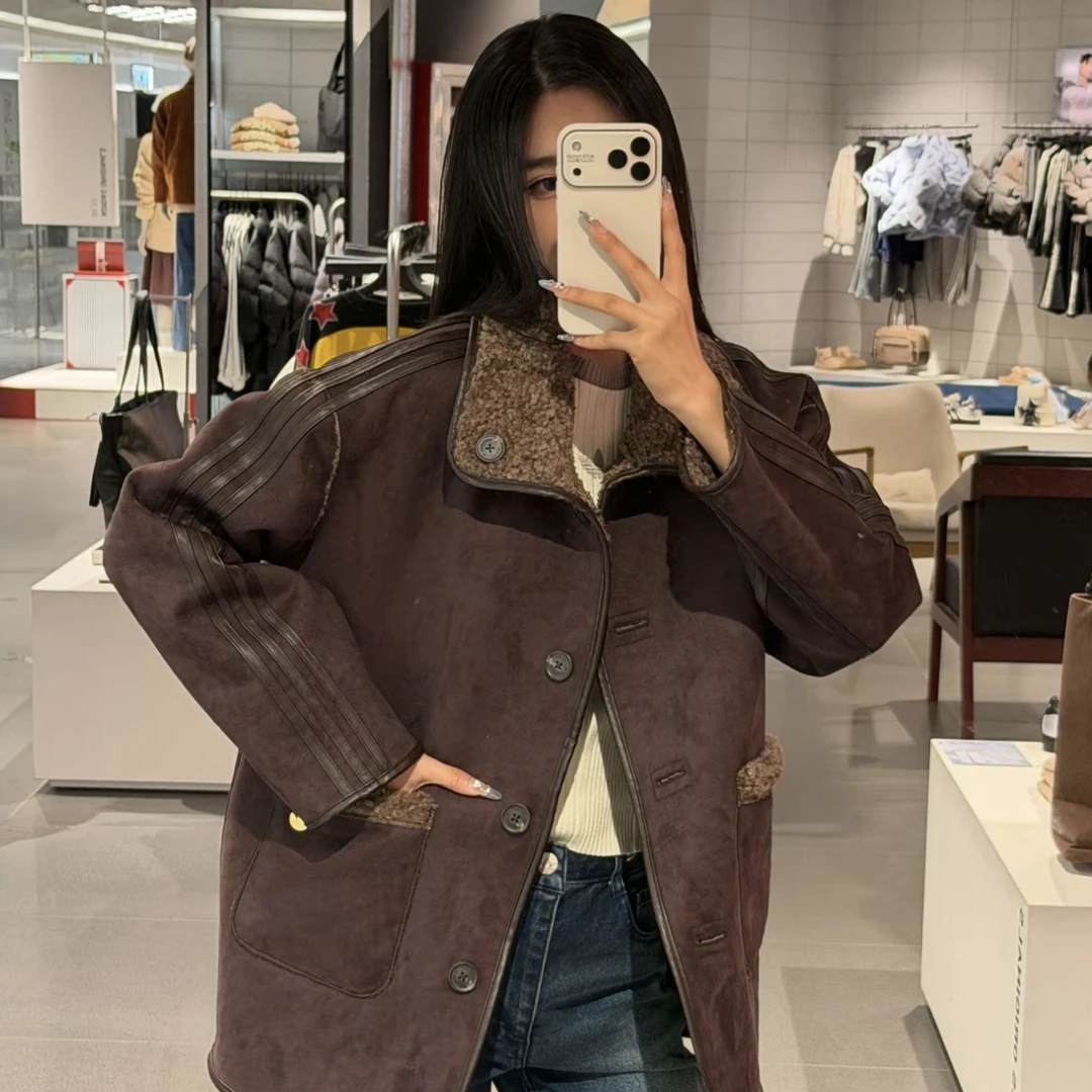 adidas/阿迪达斯三叶草新年款女子双面穿仿羊羔绒保暖外套KT3146