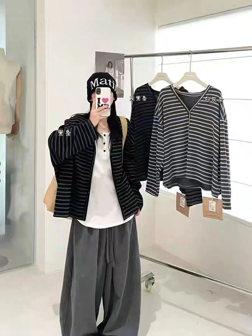 早秋新款慵懒风大码胖MM松弛感条纹开衫高腰显瘦糯米裤套装