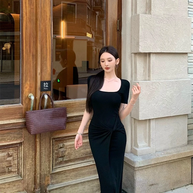 复古气质设计感修身显瘦短袖黑色连衣长裙#A788性感开叉连衣裙