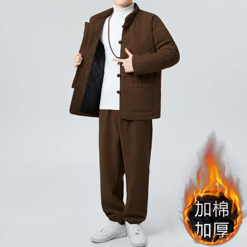 中国风冬季新款保暖加厚棉衣套装中式复古唐装棉袄两件套宽松大码