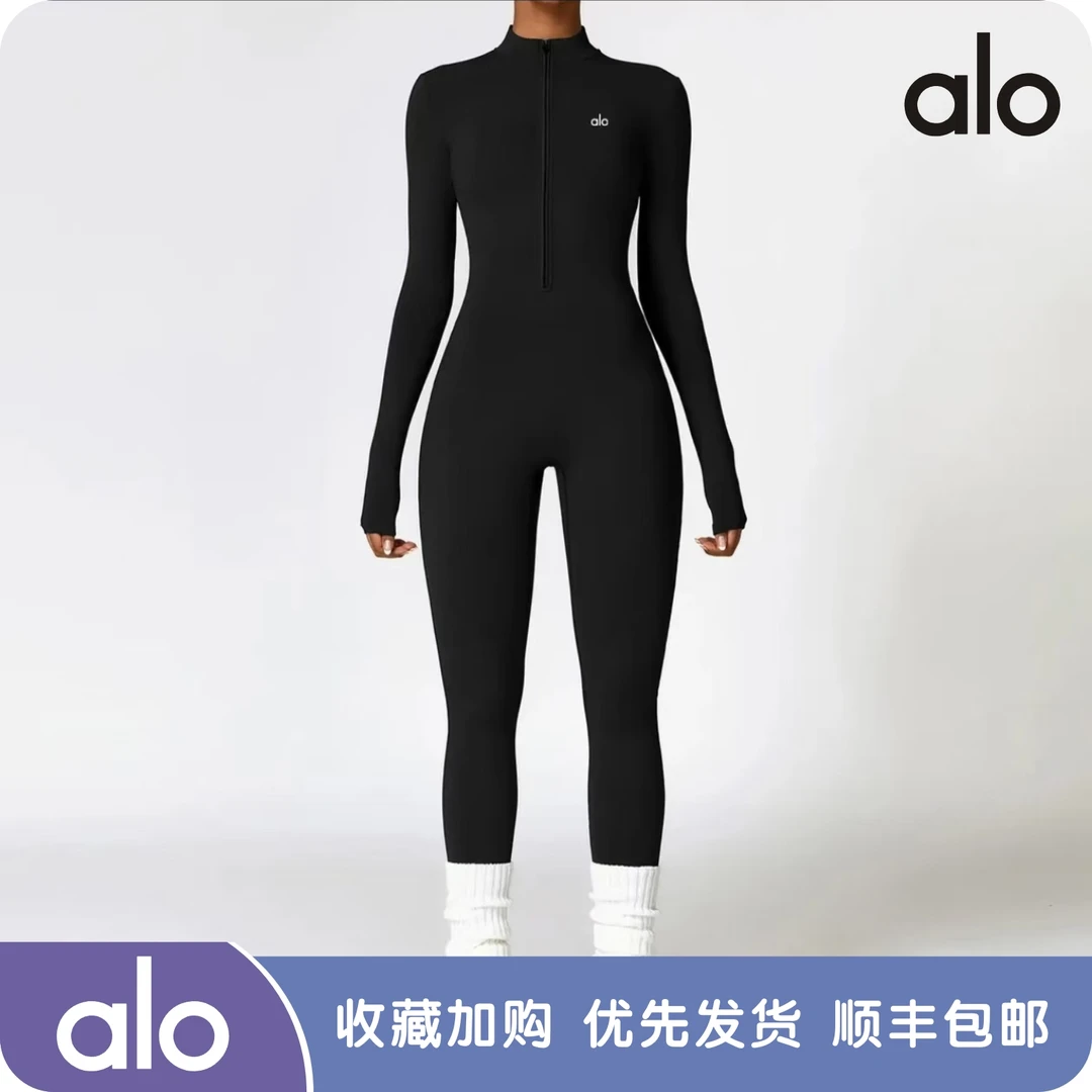 Alo yoga拉链瑜伽服裸感紧身加绒连体服户外保暖连体衣跑步健身服