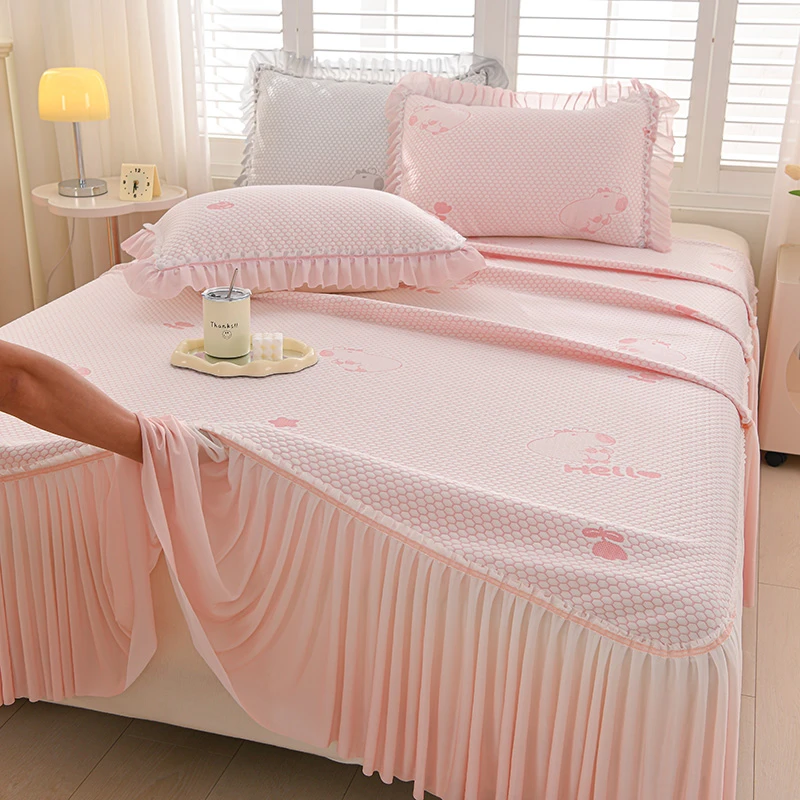 新款凉豆豆凉席三件套卡皮巴拉床裙渐变-粉200*220cm防滑透气床罩