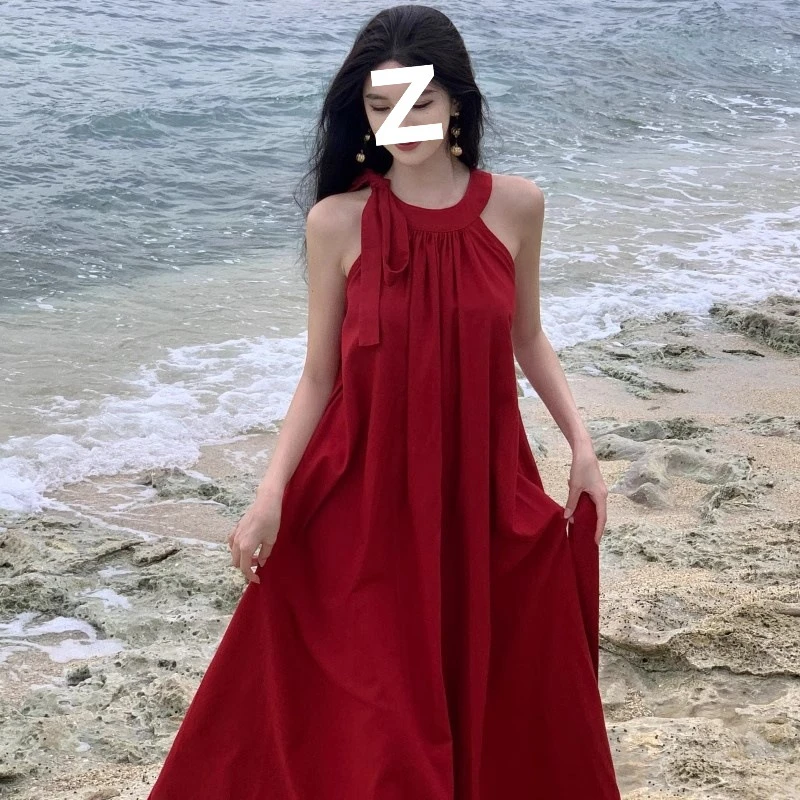 法式红色挂脖吊带连衣裙女夏新娘晨袍礼服新疆旅行海边度假长裙夏