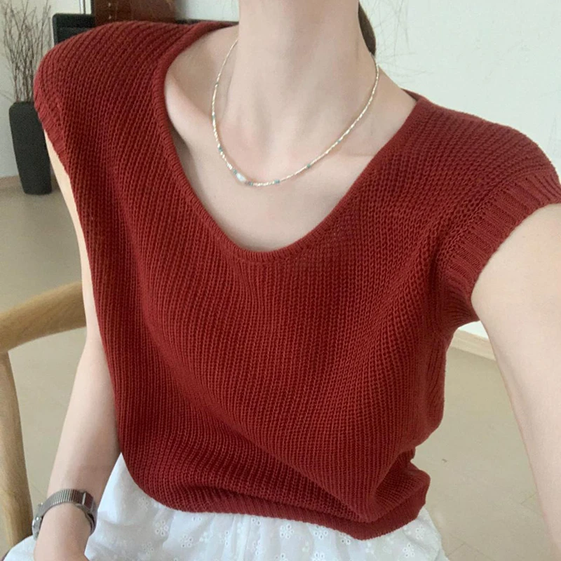 2025新款夏季冰丝坎肩背心蓝色针织短袖t恤女洋气独特别致小上衣