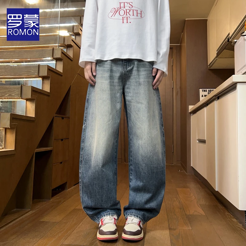 罗蒙秋季裤子男款爆款2025新款美式弯刀高街阔腿直筒潮流牛仔裤男