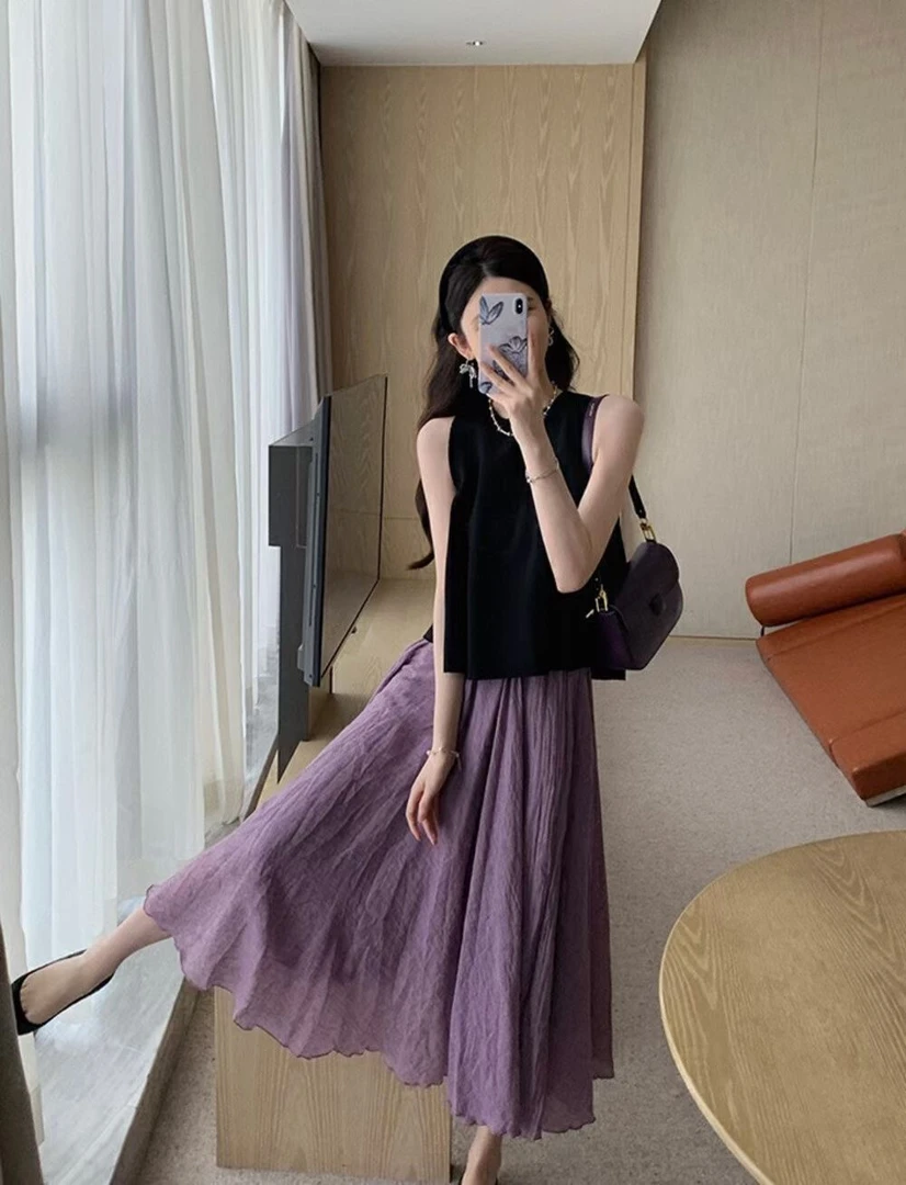 夏装搭配一整套今年流行漂亮盐系轻熟紫色半身裙两件套装夏季女装