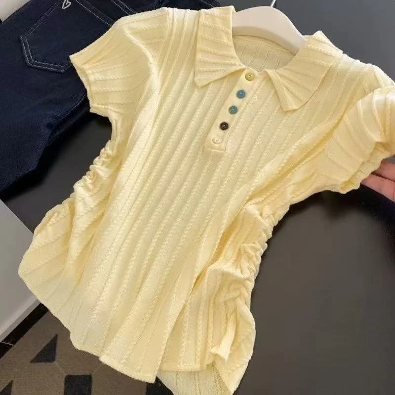 翻领短袖针织衫包袖夏季小香风薄款休闲百搭洋气毛针织衫纯色