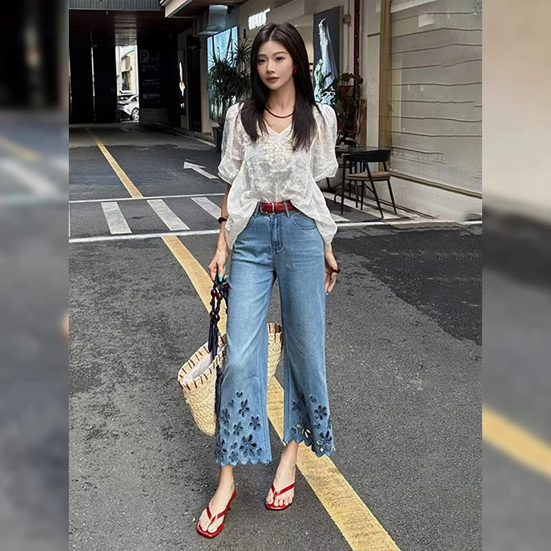 夏季常规牛仔裤拽姐裤子又飒又酷直筒显瘦九分微喇裤女薄款大码