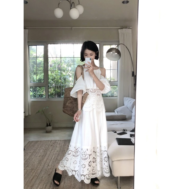 法式轻奢名媛风白色上衣蕾丝连衣裙套装小香风绝美长裙