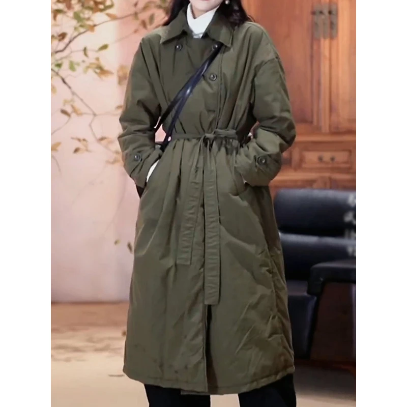 气质百搭保暖翻领纯色棉服2025冬季新款小众时尚绑带显瘦长款外套