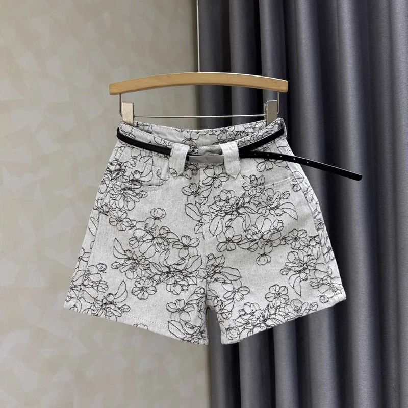 2025夏季新款提花牛仔短裤女韩版高腰时尚百搭宽松显瘦阔腿热裤子