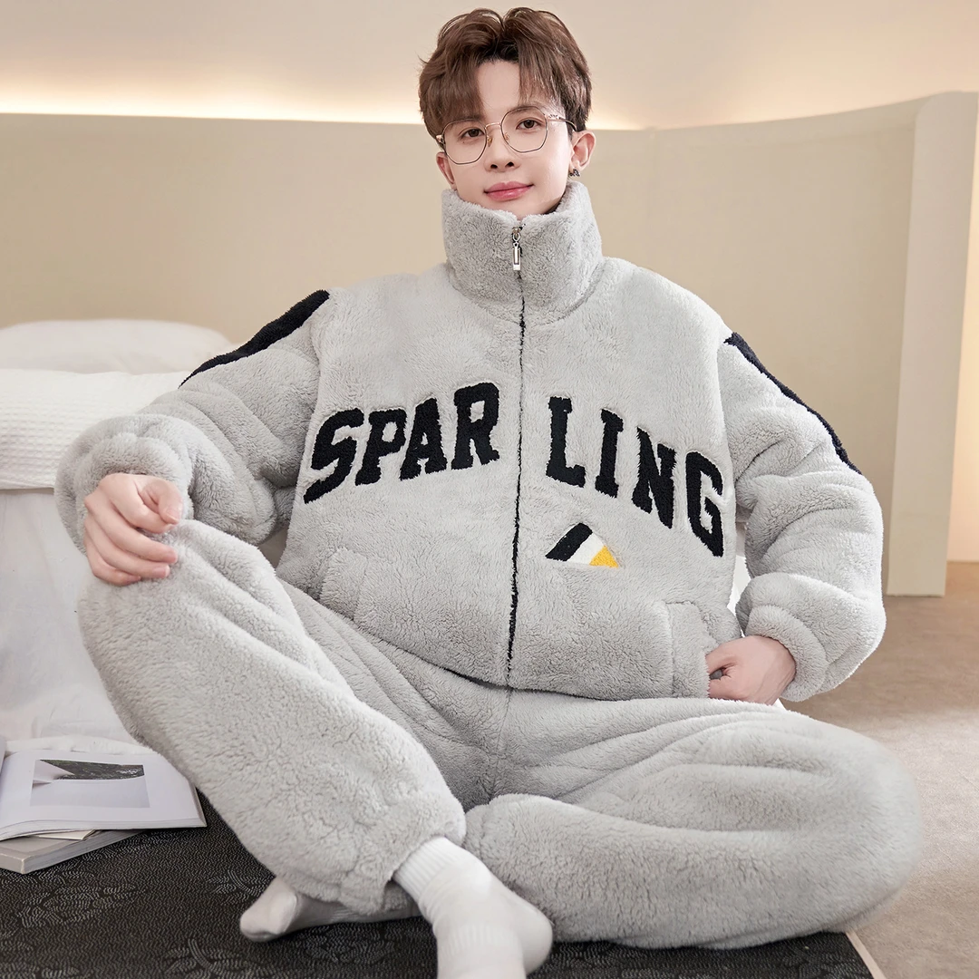 宽松大码男士珊瑚绒家居服睡衣可外穿法兰绒秋冬新款加厚加绒套装