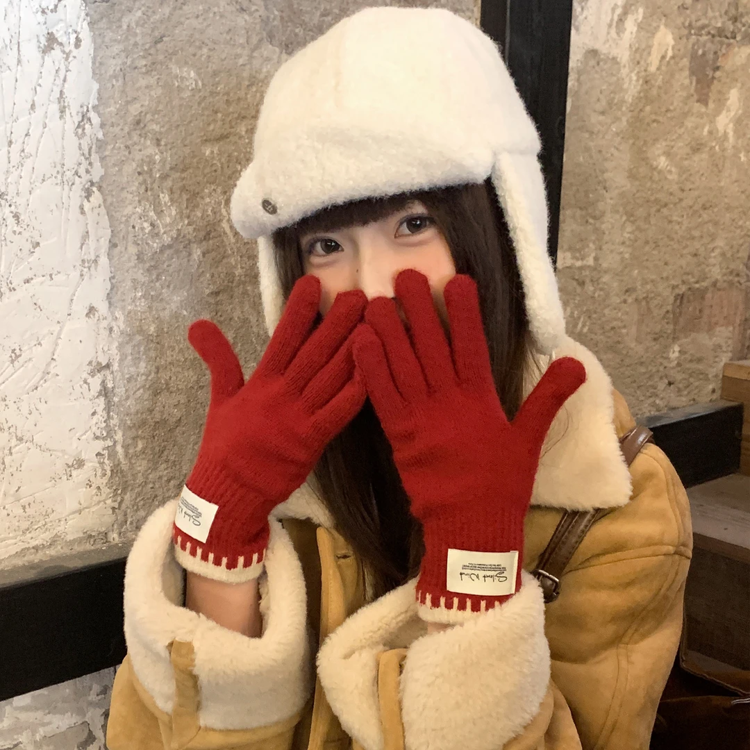 含羊毛圣诞红色针织手套女士冬季新款加厚防寒保暖骑行分指可触屏