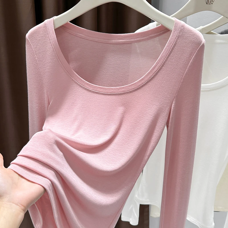 粉色针织大圆领打底衫女款爆款2025新款秋季正肩薄款修身内搭上衣