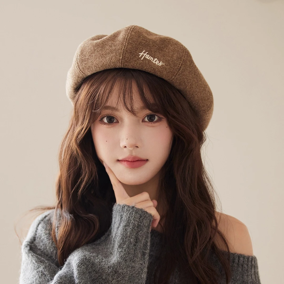 秋冬新款毛呢贝雷帽韩版简约字母刺绣南瓜帽八角帽百搭画家帽子女