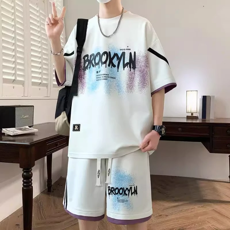 青少年夏季冰感运动短袖T恤套装男生宽松潮流学生百搭时尚两件套