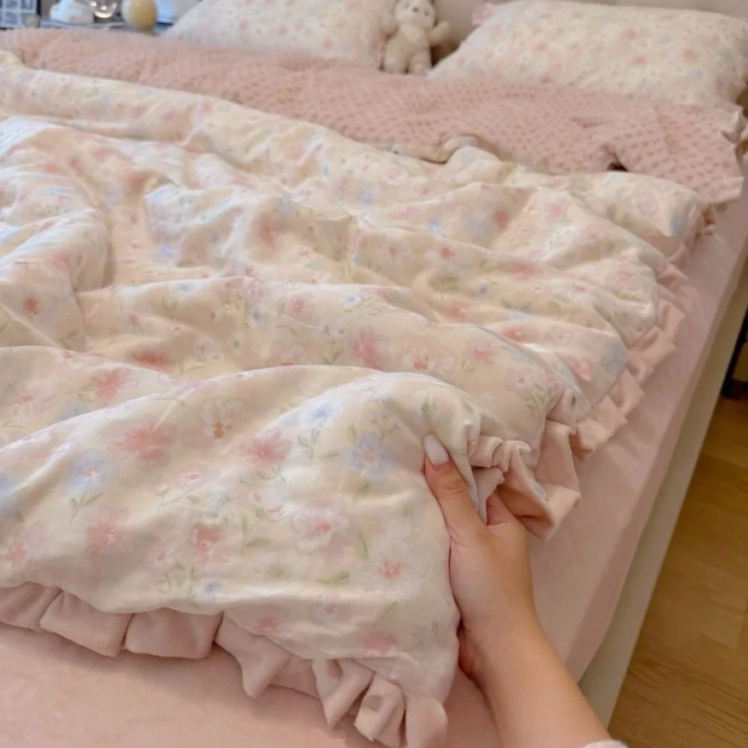 秋冬加厚棉加绒四件套A版全棉纱布B版豆豆绒被套双面可用三件套