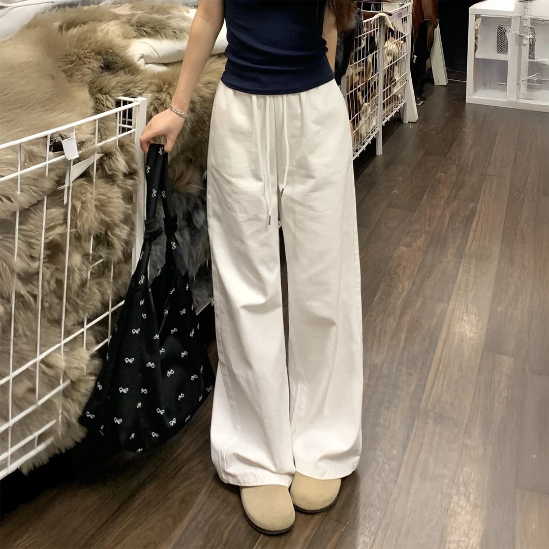 梨型身材白色休闲裤女秋季新款胖妹妹mm高腰宽松显瘦运动阔腿裤子