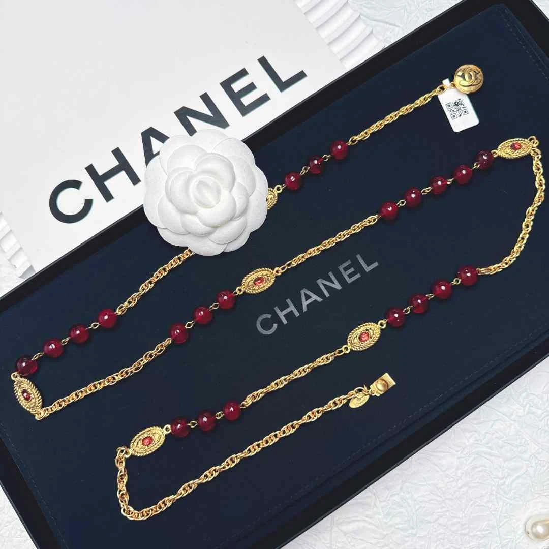 95新 Chanel/香奈儿 柚礼中古/香奈儿红琉璃椭圆素金项链LE501053