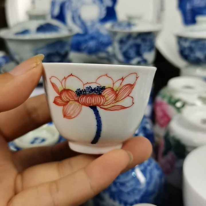 景德镇陶瓷青花荷花撇口杯