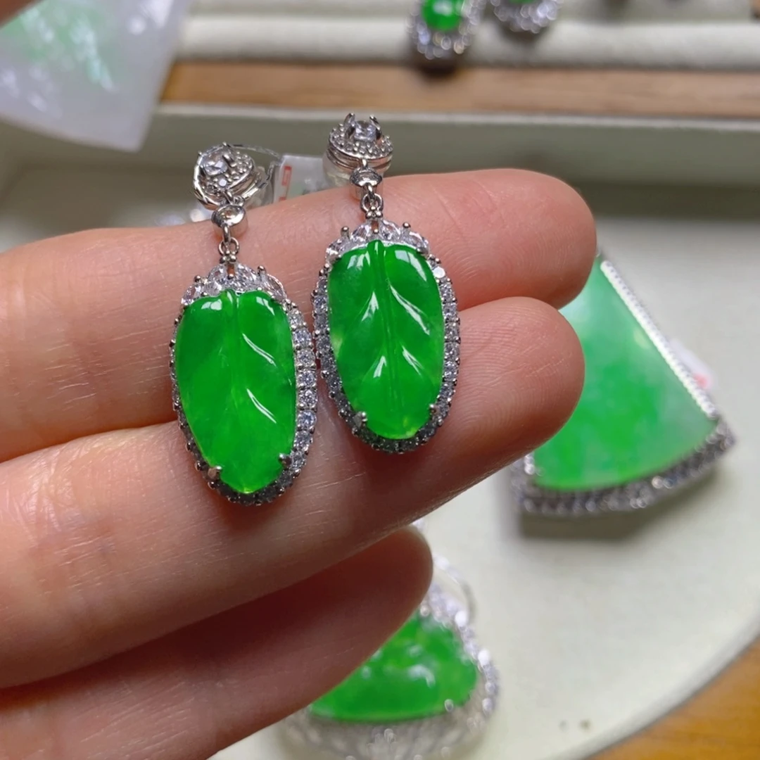 翡翠颈饰银S925镶嵌树叶耳坠