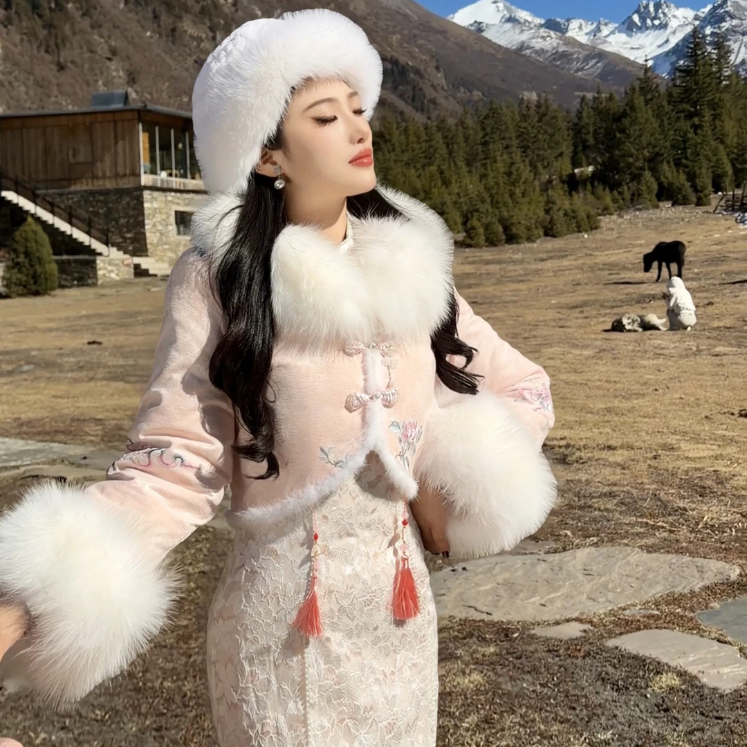 【媛珠 雪地蔷薇】重工刺绣国风狐狸毛鹅绒个短款收腰显瘦贵气毛绒