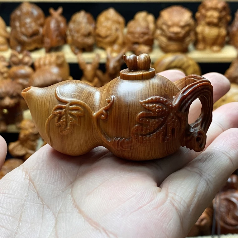 崖柏木雕 葫芦把把壶  茶壶手把件
