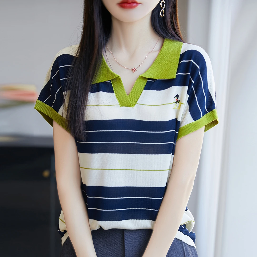 胖mm夏装大码冰丝针织衫女士短袖t恤宽松遮肚子巨显瘦polo领上衣