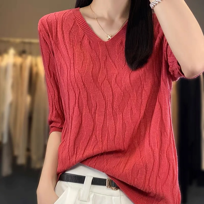 A211五分袖针织羊绒衫女新款中袖V领打底衫羊毛内搭短袖中领