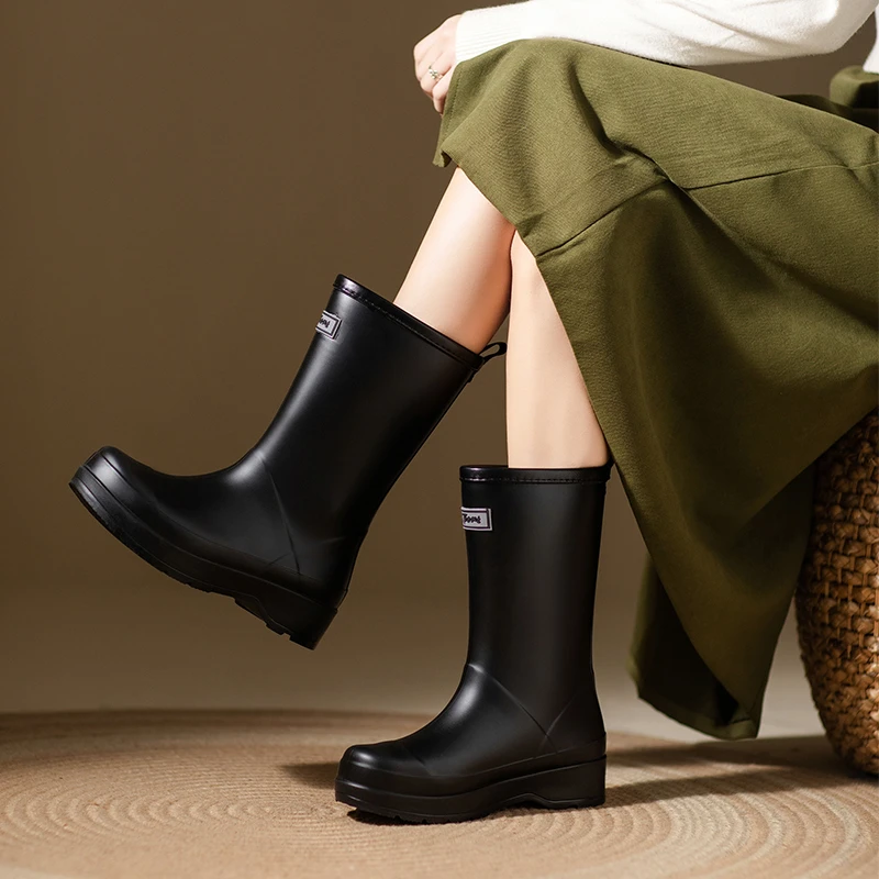 防水四季中筒雨靴女士粗跟耐磨防滑中帮胶鞋厨房买菜水鞋百搭雨鞋