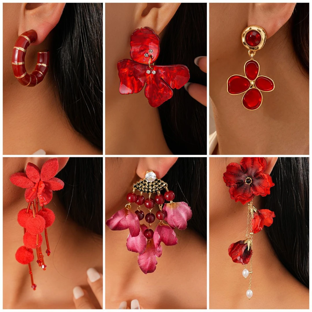 足银耳饰 足银耳饰欧美跨境银针红色花朵流苏耳钉轻奢高级感耳环