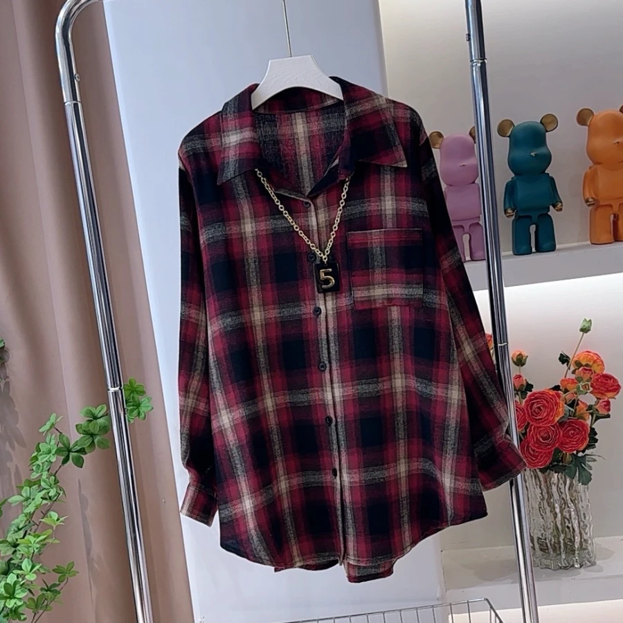 1818格子衬衫宽松休闲显瘦洋气百搭长袖翻领女装复古开衫女装直播