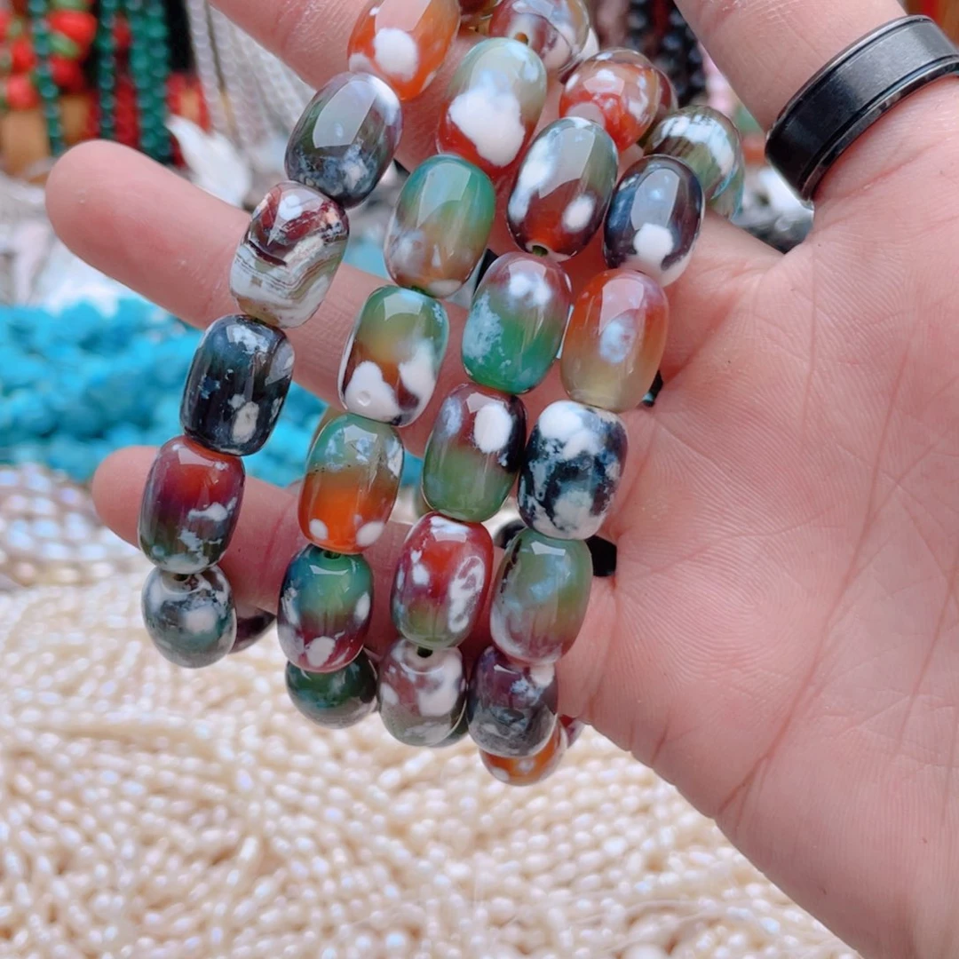 未镶嵌玛瑙/玉髓珠宝奇石奶皮玛瑙桶珠手链1条卡9*13