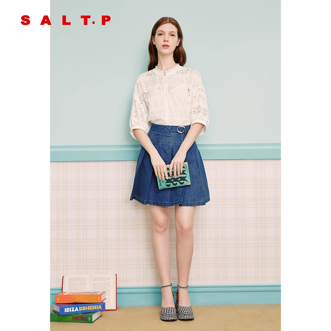 【100%纯棉】SALT.P可颜全棉镂空提花蕾丝木耳边衬衫配吊带夏