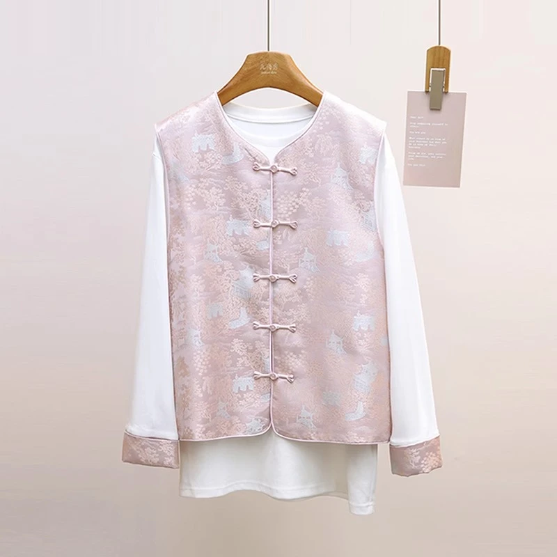 粉色新中式背心马甲女秋季新款高级感国风盘扣圆领休闲上衣两件套