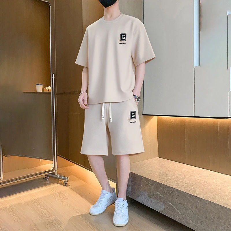 宽松透气青年潮流短袖穿搭配短裤两件套夏季薄款休闲运动套装男士