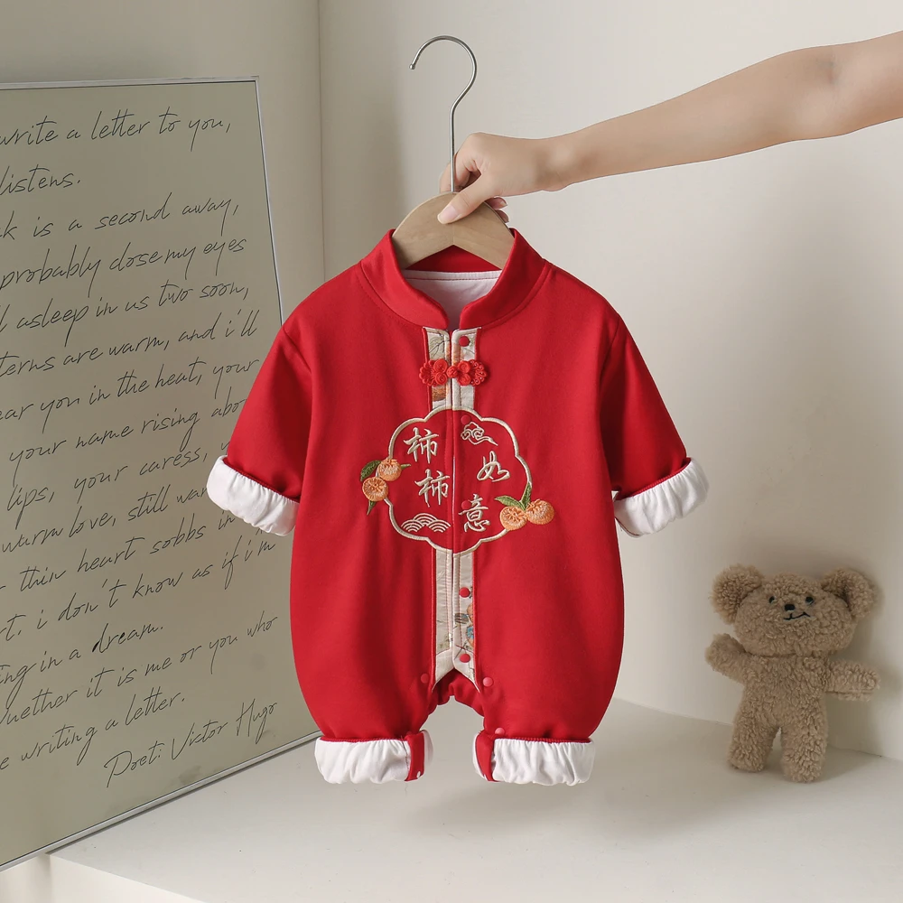 婴儿秋季连体衣新款周岁中式国风喜庆抓周百天双层宝宝哈衣爬服