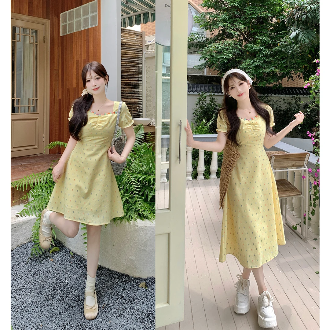 时尚法式小众设计短袖花边连衣裙女夏季新款度假风显瘦A字短裙子