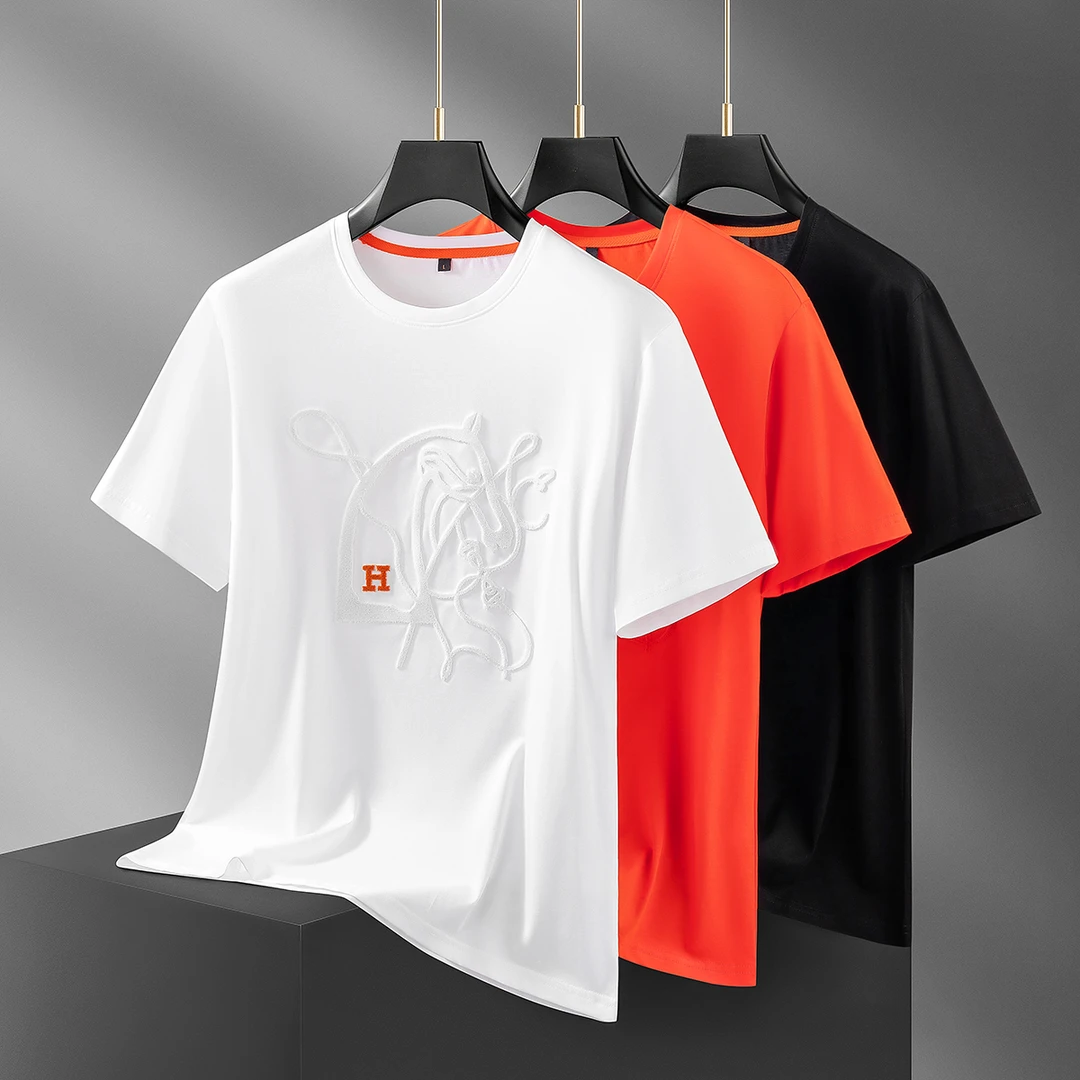 萨尔布勒斯夏季男款时尚光面战马薄款男士修身圆领透气短袖t恤衫