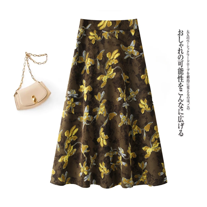 拉夏贝尔缎面碎花半身裙女2025夏季新款复古高腰显瘦垂坠感包臀裙